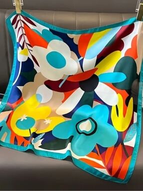 Vibrant Floral Satin Scarf in Turquoise, Yellow & Orange